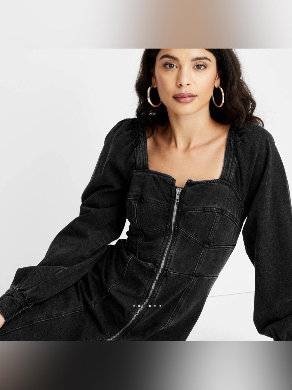 NWT Future Collective Kahlana Barfield Brown Puff Sleeve Black Denim Dress - Picture 3 of 9